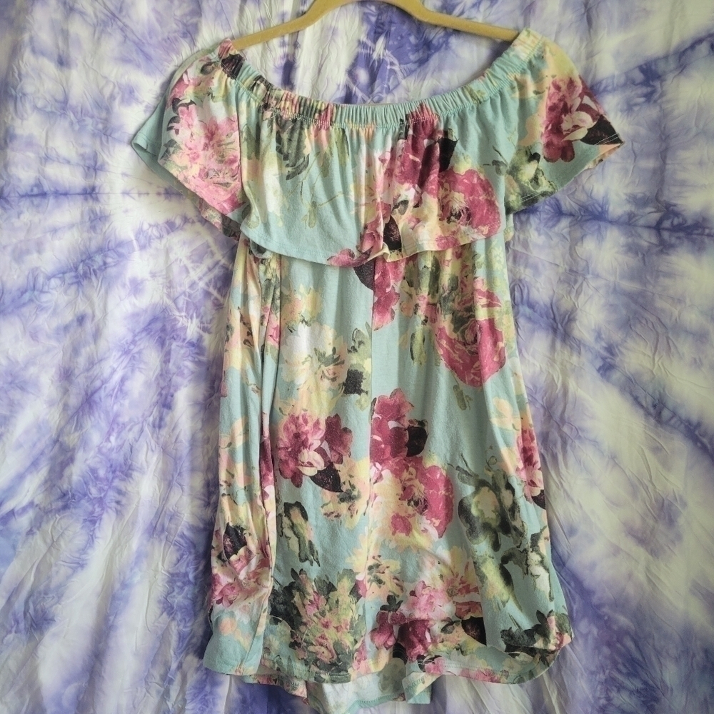Mts Women's Scrunch Off The Shoulder Floral Blue Mini Dress Size Large - Picture 9 of 9